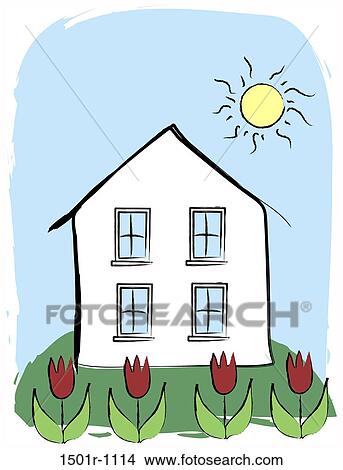 Picture - House behind flowerbed, illustration. Fotosearch