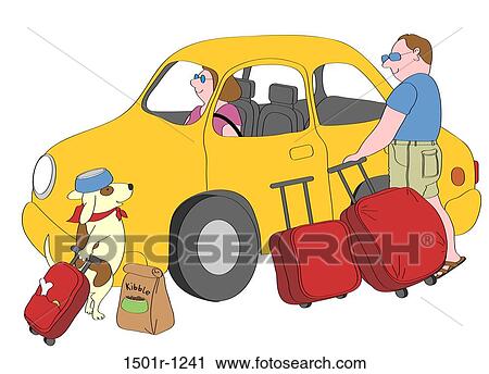 Stock Image - Man and dog with suitcases standing next to yellow car, woman sitting inside, illustration. Fotosearch