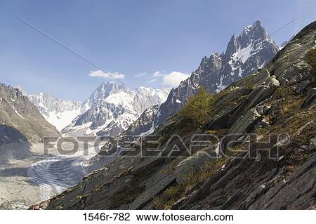 Stock Image - Mountain covered with snow, Mer de Glace glacier, French Alps, Chamonix, France. Fotosearch