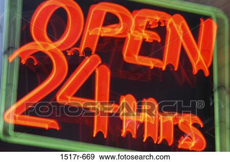 Open 24 hours neon sign View Large Photo Image Stock Photo - Open 24 hours neon sign. Fotosearch