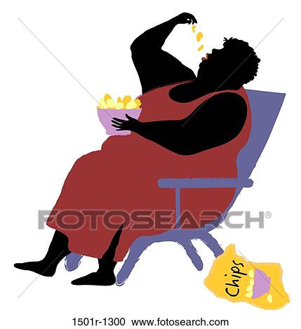 Stock Image - Overweight woman eating chips, illustration. Fotosearch