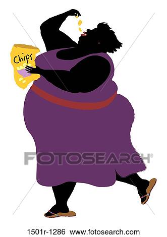 Stock Photograph - Overweight woman eating chips, illustration. Fotosearch