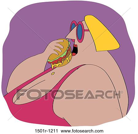 Overweight woman eating hamburger, illustration View Large Photo Image Stock Image - Overweight woman eating hamburger, illustration. Fotosearch