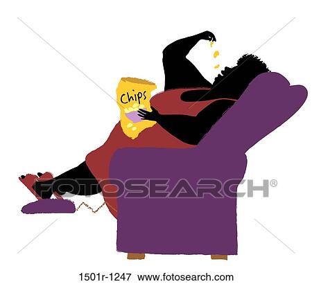 Stock Photo - Overweight woman sitting in armchair eating chips, illustration. Fotosearch
