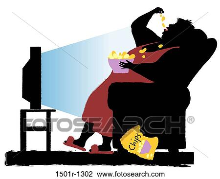 Stock Image - Overweight woman watching TV and eating chips, illustration. Fotosearch