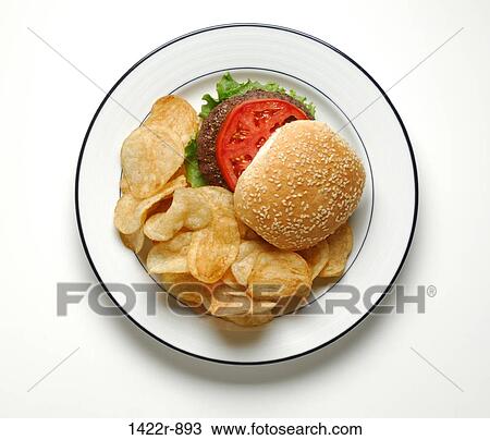 Plate with a hamburger and potato chips View Large Photo Image Stock Image - Plate with a hamburger and potato chips. Fotosearch