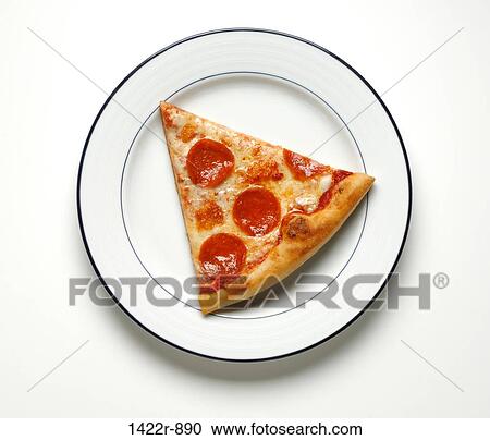 Stock Image - Plate with one slice of pepperoni pizza. Fotosearch