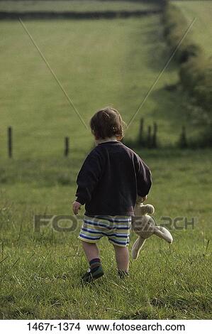 Picture - Rear view of a baby boy carrying a teddy bear on a lawn. Fotosearch