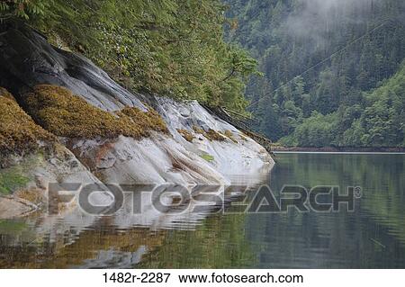 Reflection of rocks and trees in water, Fiordlands National Recreation Area, British Columbia, Canada View Large Photo Image Stock Photo - Reflection of rocks and trees in water, Fiordlands National Recreation Area, British Columbia, Canada. Fotosearch