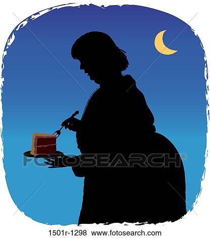 Stock Photo - Silhouette of woman eating cake at night, illustration. Fotosearch