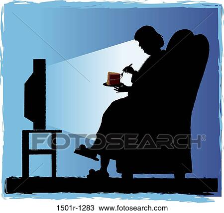 Stock Image - Silhouette of woman watching TV and eating cake, illustration. Fotosearch