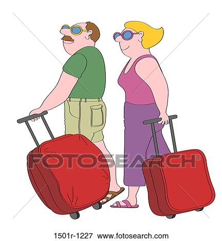 Smiling couple with suitcases, illustration View Large Photo Image Stock Photo - Smiling couple with suitcases, illustration. Fotosearch