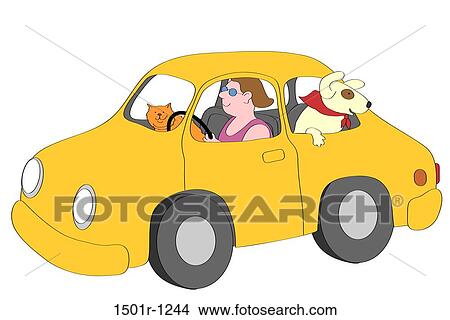 Smiling woman driving yellow car with cat and dog, illustration View Large Photo Image Picture - Smiling woman driving yellow car with cat and dog, illustration. Fotosearch