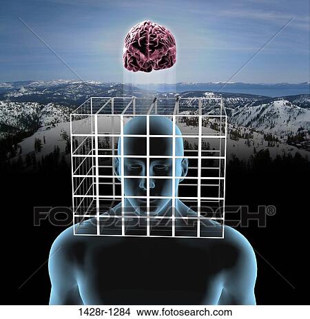 Thinking Outside The Box, blue man with head inside a box, brain is outside the box, with a soft blue glow View Large Photo Image Picture - Thinking Outside The Box, blue man with head inside a box, brain is outside the box, with a soft blue glow. Fotosearch