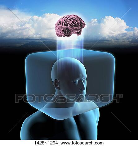 Thinking Outside The Box, blue man with head inside a cage, brain is outside the box in an open field. View Large Photo Image Picture - Thinking Outside The Box, blue man with head inside a cage, brain is outside the box in an open field.. Fotosearch