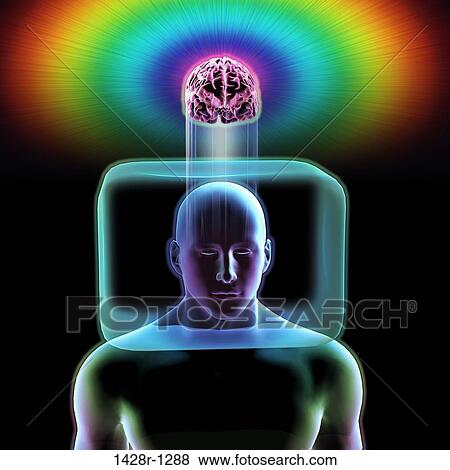 Thinking Outside The Box, blue man with head inside a box, brain is outside the box, with a bright, rainbow glow View Large Photo Image Stock Photo - Thinking Outside The Box, blue man with head inside a box, brain is outside the box, with a bright, rainbow glow. Fotosearch