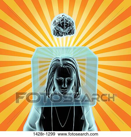 Stock Photo - Thinking Outside The Box, business woman with head inside a box, brain is outside the box, in radiant orange stripes, pop art mod style.. Fotosearch