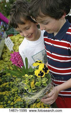 Stock Photography - Two boys in a plant nursery. Fotosearch