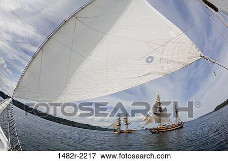 Stock Photo - USA, Washington, Brownsville, tall ships: Lady Washington and Hawaiian Cheftain. Fotosearch