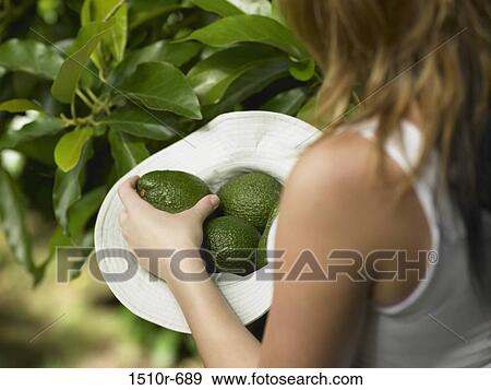 Stock Photo - Woman putting green avocado in a hat. Fotosearch