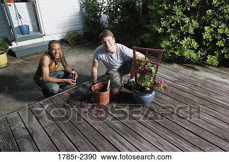 Young man moving plant to a new planter View Large Photo Image Stock Image - Young man moving plant to a new planter. Fotosearch