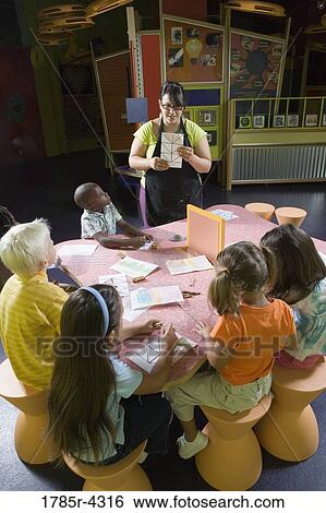 An art teacher teaching her young students in art class View Large Photo Image Stock Photograph - An art teacher teaching her young students in art class. Fotosearch
