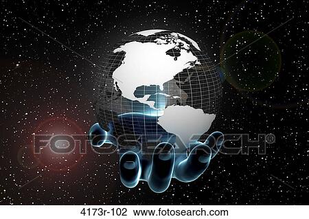 Stock Image - 3D composing of blue hand holding world globe in space World globe shows America. Fotosearch