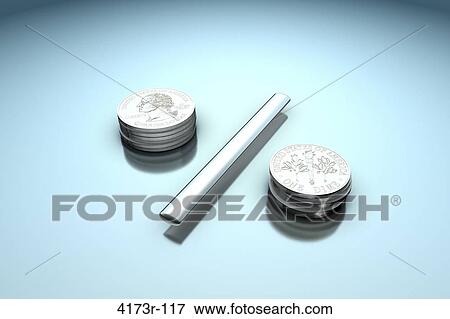 Stock Photo - 3D composing of two piles of US coins seperated by metal stick. Fotosearch