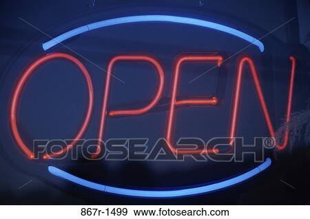 Stock Photo - Close-up of a glowing neon open sign. Fotosearch