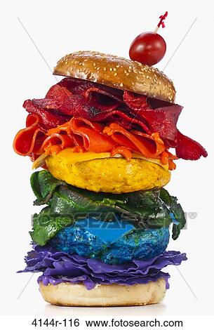 Close-up of a rainbow colored hamburger View Large Photo Image Stock Photograph - Close-up of a rainbow colored hamburger. Fotosearch