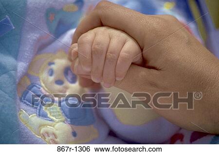 Stock Photograph - Close-up of an adult's hand holding a baby's hand. Fotosearch