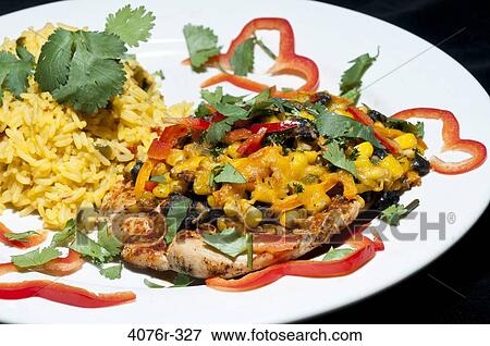 Close up of chicken and rice with corn and peppers View Large Photo Image Stock Photo - Close up of chicken and rice with corn and peppers. Fotosearch