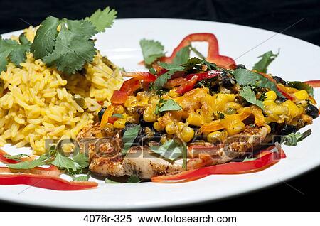 Close up of chicken and rice with corn and peppers View Large Photo Image Stock Photography - Close up of chicken and rice with corn and peppers. Fotosearch