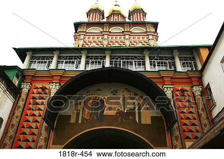 Stock Illustration - Entrance to a Russian monastery, fresco of saints and mendicants. Fotosearch