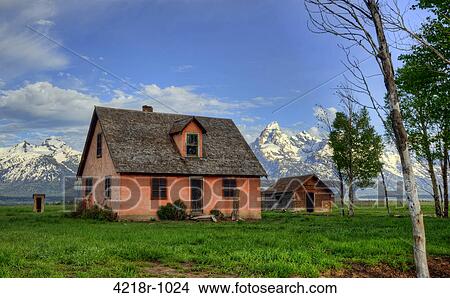 Picture - John Moulton home, outhouse and shed on Mormon Row in Grand Teton National Park. Fotosearch