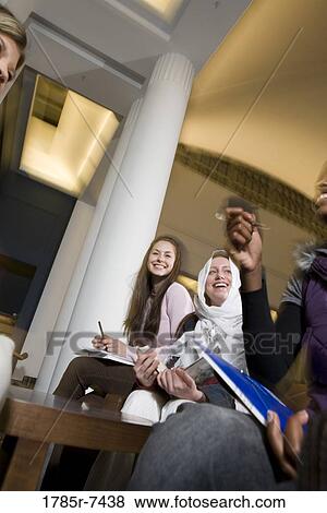 Low-angle view of women students in a sitting lounge in a library View Large Photo Image Stock Photo - Low-angle view of women students in a sitting lounge in a library. Fotosearch