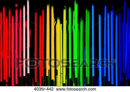 Stock Image - Rainbow of colored neon light poles. Fotosearch