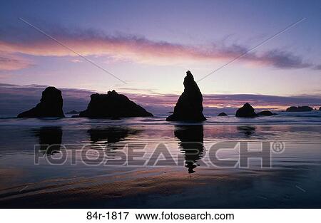 Rock formations on a beach during sunset, Bandon, California, USA View Large Photo Image Stock Photo - Rock formations on a beach during sunset, Bandon, California, USA. Fotosearch