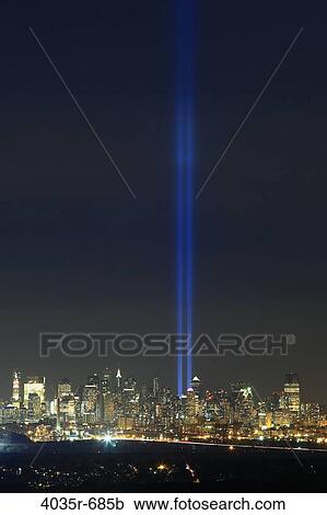 Stock Image - September eleventh memorial lights at ground zero, Tribute in Light, Manhattan, New York City, New York State, USA. Fotosearch