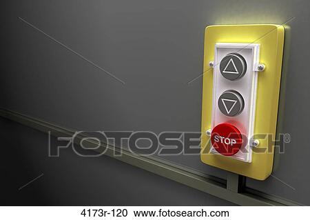 Stock Image - Wall mounted remote showing arrows up and down and stop button. Fotosearch