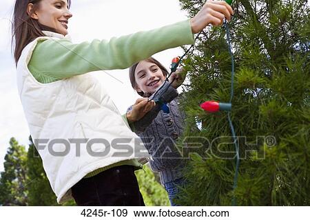 Woman and her daughter decorating a Christmas tree View Large Photo Image Stock Photo - Woman and her daughter decorating a Christmas tree. Fotosearch