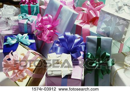 Stock Image - Close-up of wrapped gifts. Fotosearch