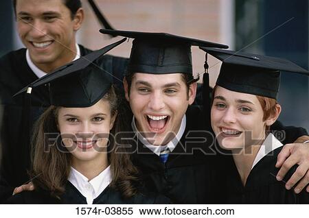 Stock Photography - Portrait of a group of college students wearing graduation outfits. Fotosearch