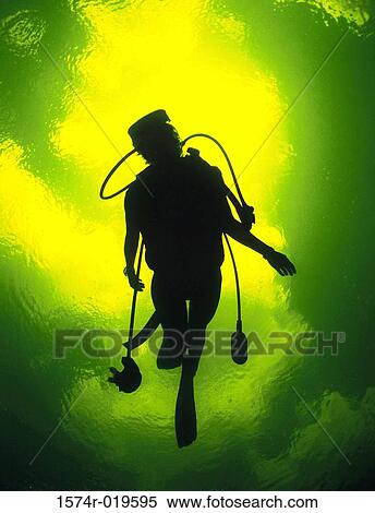 Silhouette of a scuba diver underwater View Large Photo Image Stock Photography - Silhouette of a scuba diver underwater. Fotosearch