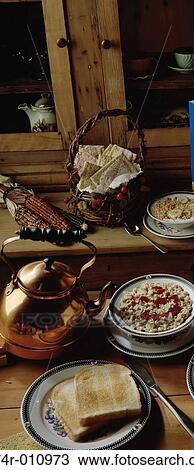 Stock Image - High angle view of breakfast items on a table. Fotosearch