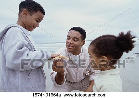 Stock Image - Man showing a starfish to his son and daughter on the beach. Fotosearch