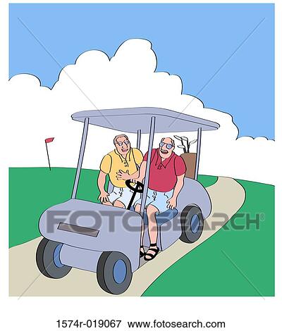 Stock Illustration - Golfers in Golf Cart Linda Braucht (20th C. American) Computer Graphics. Fotosearch