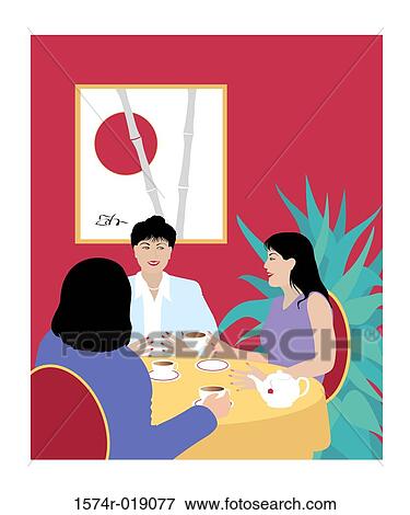 Stock Illustration - Japanese Women at Tea Linda Braucht (20th C. American) Computer Graphics. Fotosearch