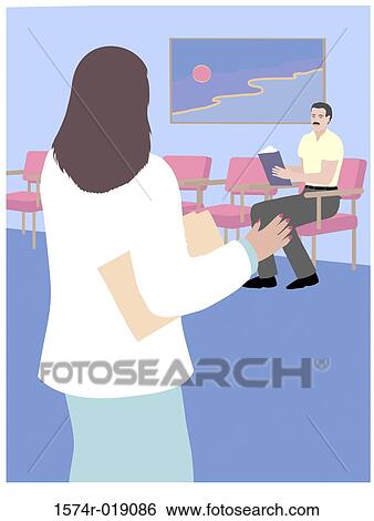 Stock Illustration - Man in Waiting Room Linda Braucht (20th C. American) Computer Graphics. Fotosearch