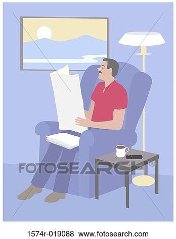 Stock Illustration - Man Reading Newspaper Linda Braucht (20th C. American) Computer Graphics. Fotosearch